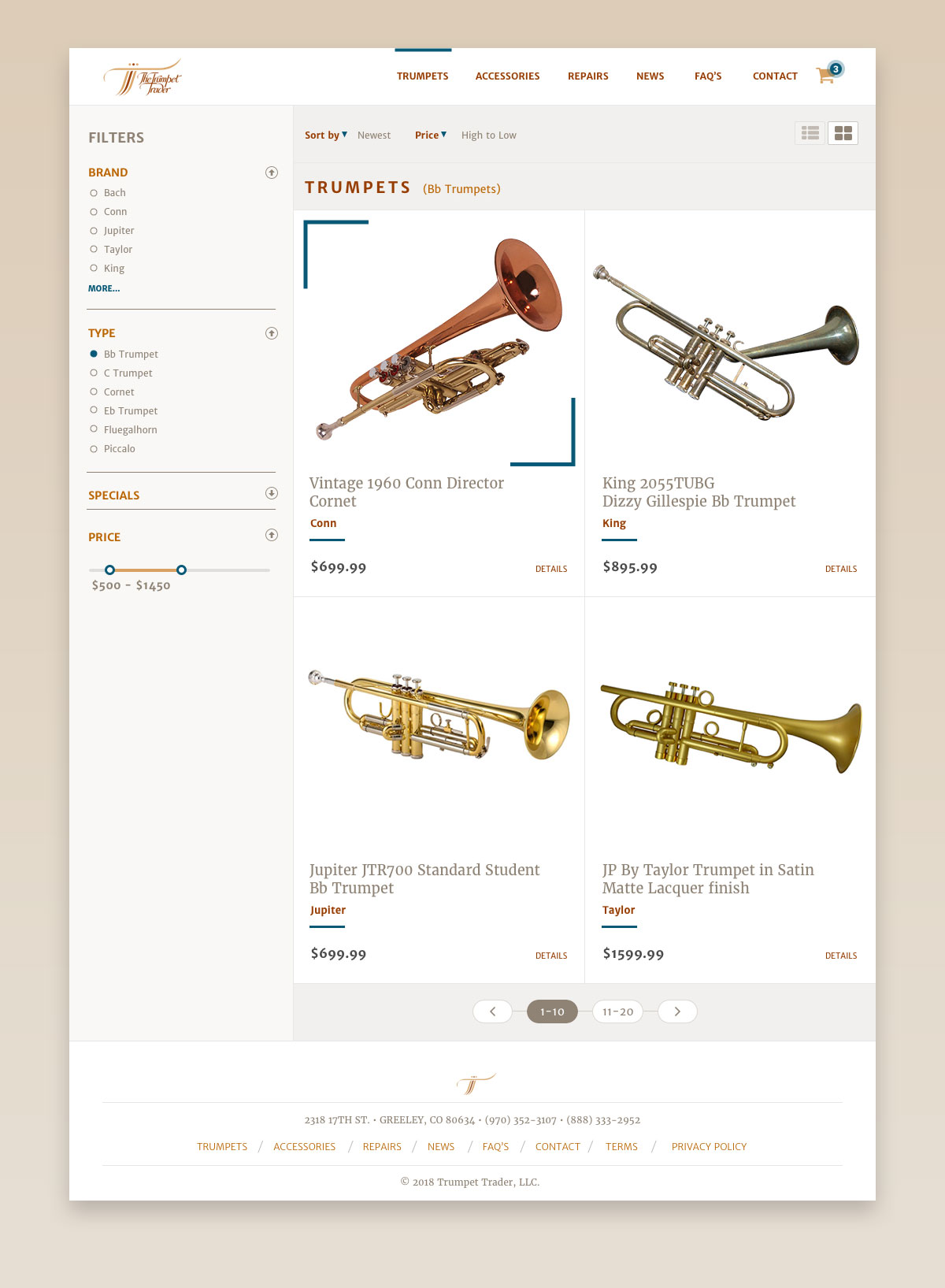 Product filter page for the Trumpet Trader website.